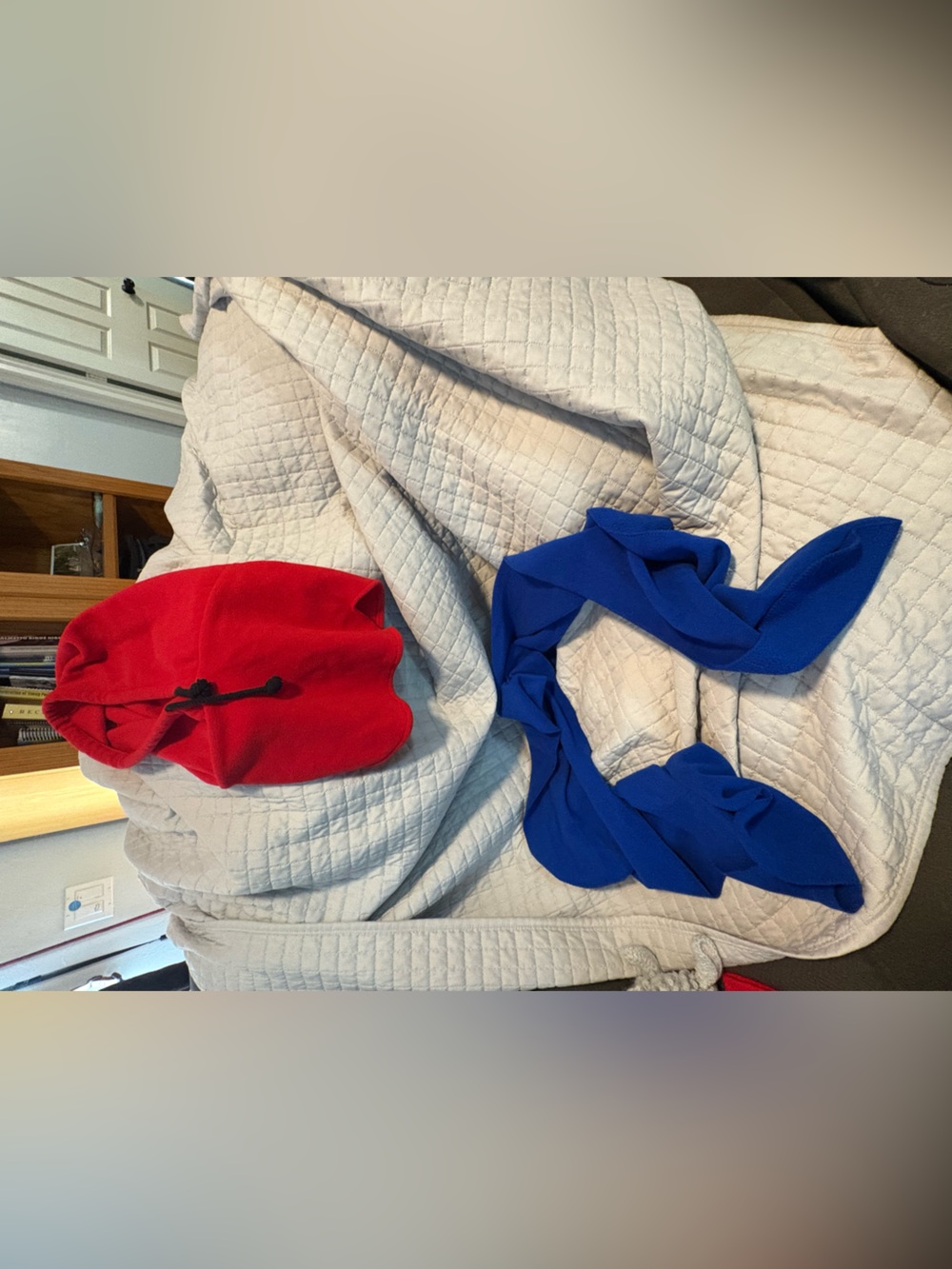Kids Red Hooded Fleece Neck Warmer with Blue Scarf Set